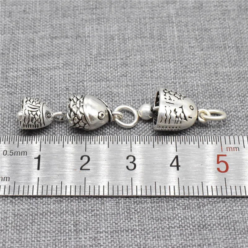 1 Piece Fish Head Bell Type 3D Charm Double Sided in 925 Sterling Silver for Bracelet and Necklace Making
