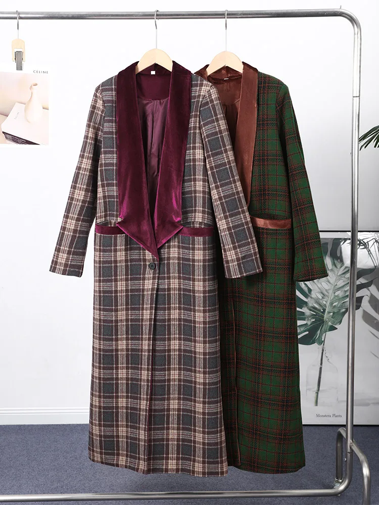 Collar Plaid Woolen Coat Wool Patchwork Trench Overcoat Retro Straight Tube Contrast Color Cardigan Outwear Spring Autumn