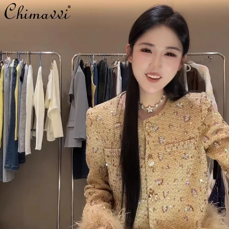 

2024 Winter New Sequins Thickened Down Cotton Clothes Splicing Ostrich Hair Extravagant Top Cardigan Jacket For Women