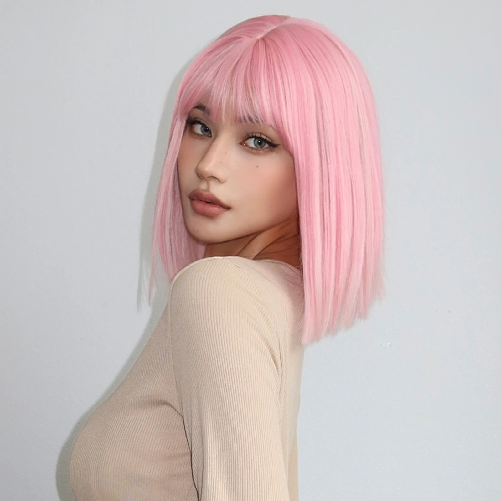 Short Straight Bob Wigs with Bangs Light Pink Natural Synthetic Hair for Women Daily Cosplay Heat Resistant Fiber Wigs