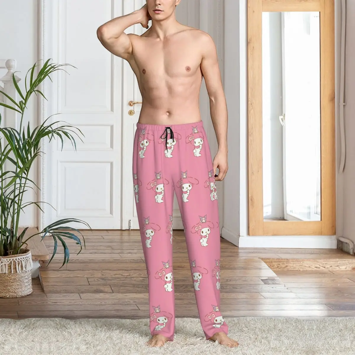 Custom Printed Men's Melody Pajama Pants Pink Rabbit Sleepwear Sleep Lounge Bottoms with Pockets