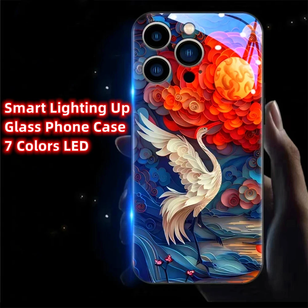 

Sunrise Crane Design Sound Control LED Flash Cases Luminous Glass Cover For iPhone 15 14 13 12 11 Pro Max X XR XS Plus SE2020