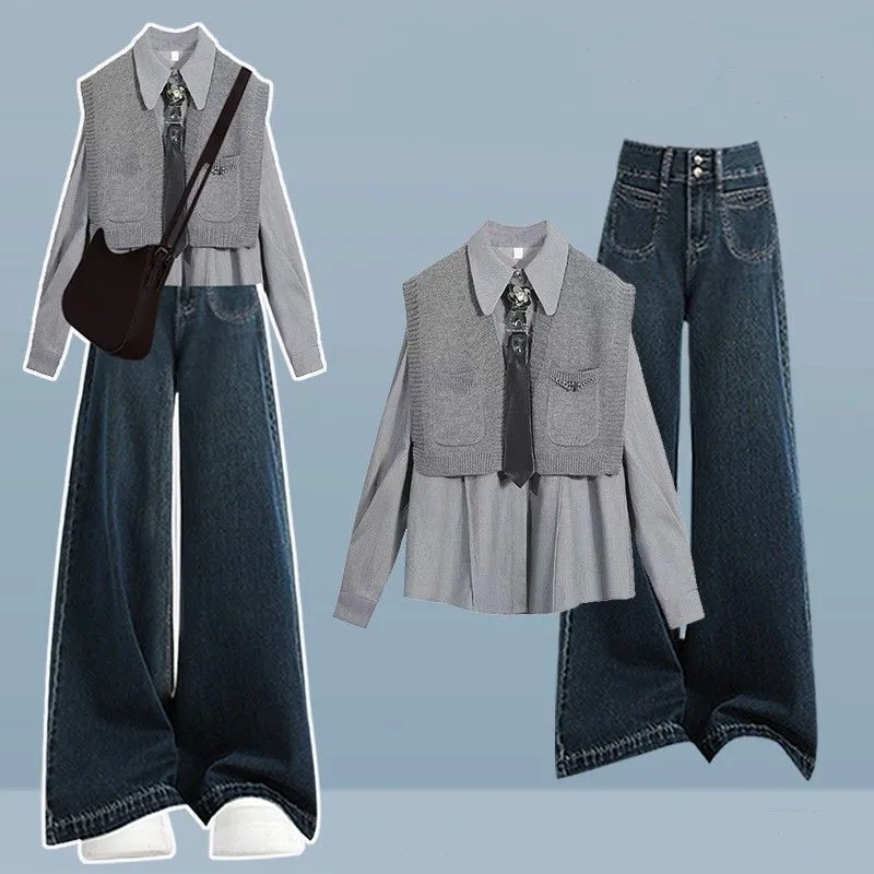 

Девушка 2026 весенняя новая мода вязаный жилет + рубашка + винтажные джинсы с высокой талией комплект из 3 предметов корейские элегантные джинсовые брюки одинаковый комплект