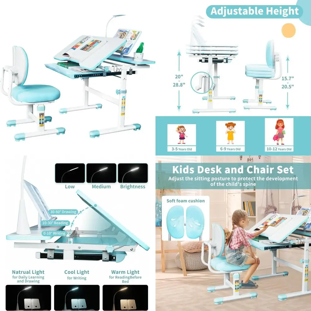 

Kids Desk & Chair Set, Height-Adjustable Chair & Childrens Desk with Led Lamps, 60 Tilting Tabletop & Extra-Large Storage Drawer