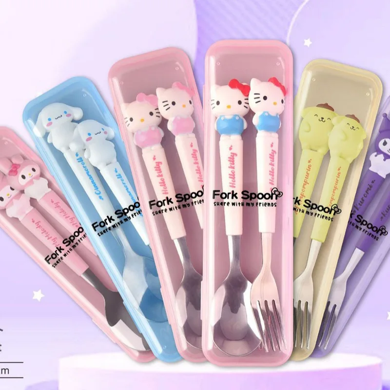 

New Sanrio Spoon Fork 2 Piece Set Cute Kuromi Pompompurin Hello Kitty My Melody Stainless Steel Child Tableware Kitchen Supplies