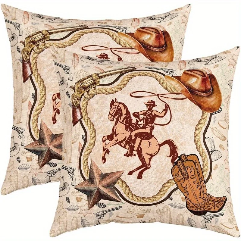 2pcs 18x18 Inch Throw Pillow Covers Western Cowboy Horse Vintage Country Boot Hat Decorative