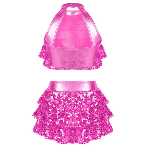 Imagen 2 del producto Trajes de baile de Ballet con lentejuelas brillantes para niñas, traje de actuación de baile de Jazz latino moderno, Ropa de baile de salón, faldas superiores cortas