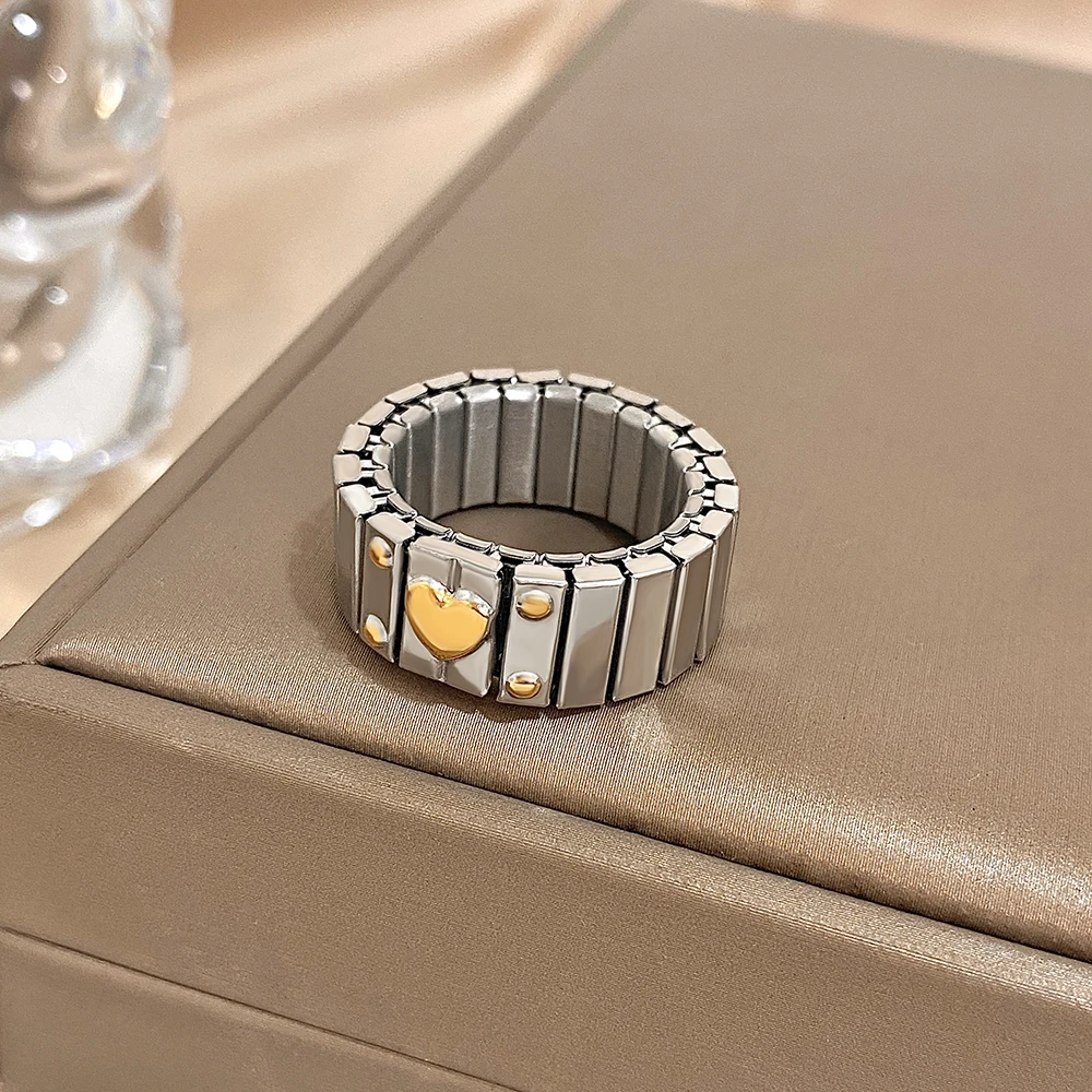 Vintage Stainless Steel Square Rings Classic Elasticity Love Heart Ring for Women Removable Adjustable Waterproof Jewelry Gifts