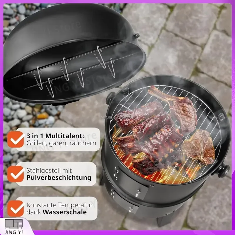 3 in 1 Outdoor Charcoal Grill Barbecue Smoker with Built-in Thermometer Portable Folding BBQ Grill for Camping Picnic