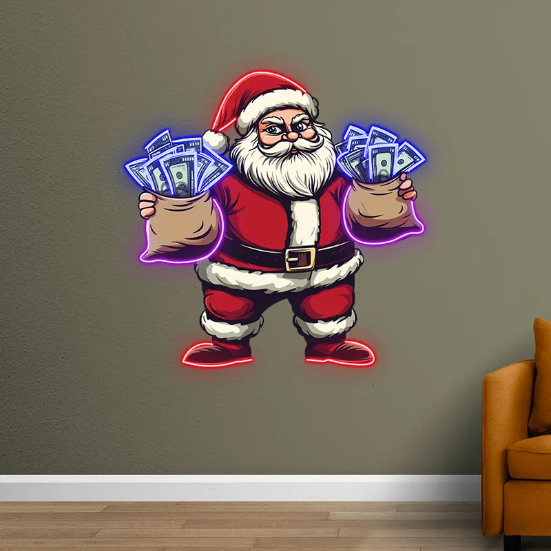 Christmas Santa CLaus Carrying Two Bags Of Money Neonart Neon Sign, Creative Wall Hanging Neon Light, Wall Decor LED Light