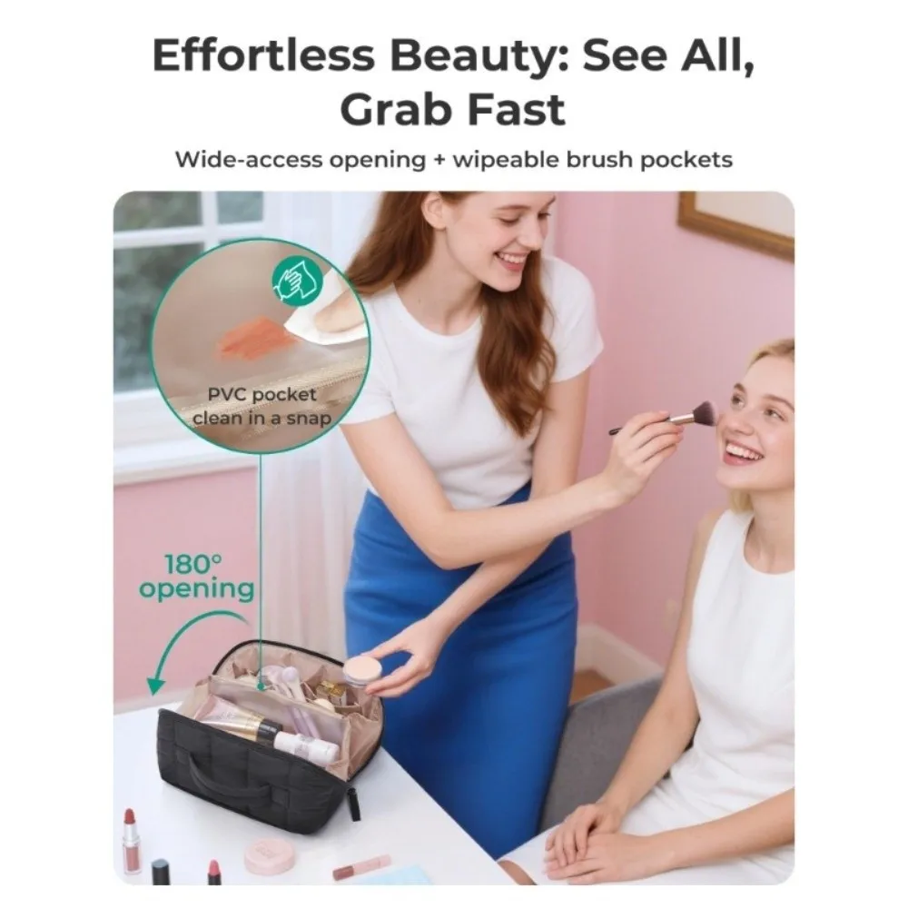 Water-resistant Puffy Padded Makeup Bag Open Flat Large Capacity Toiletry Bag Portable Quilted Cosmetic Case Skincare Storage
