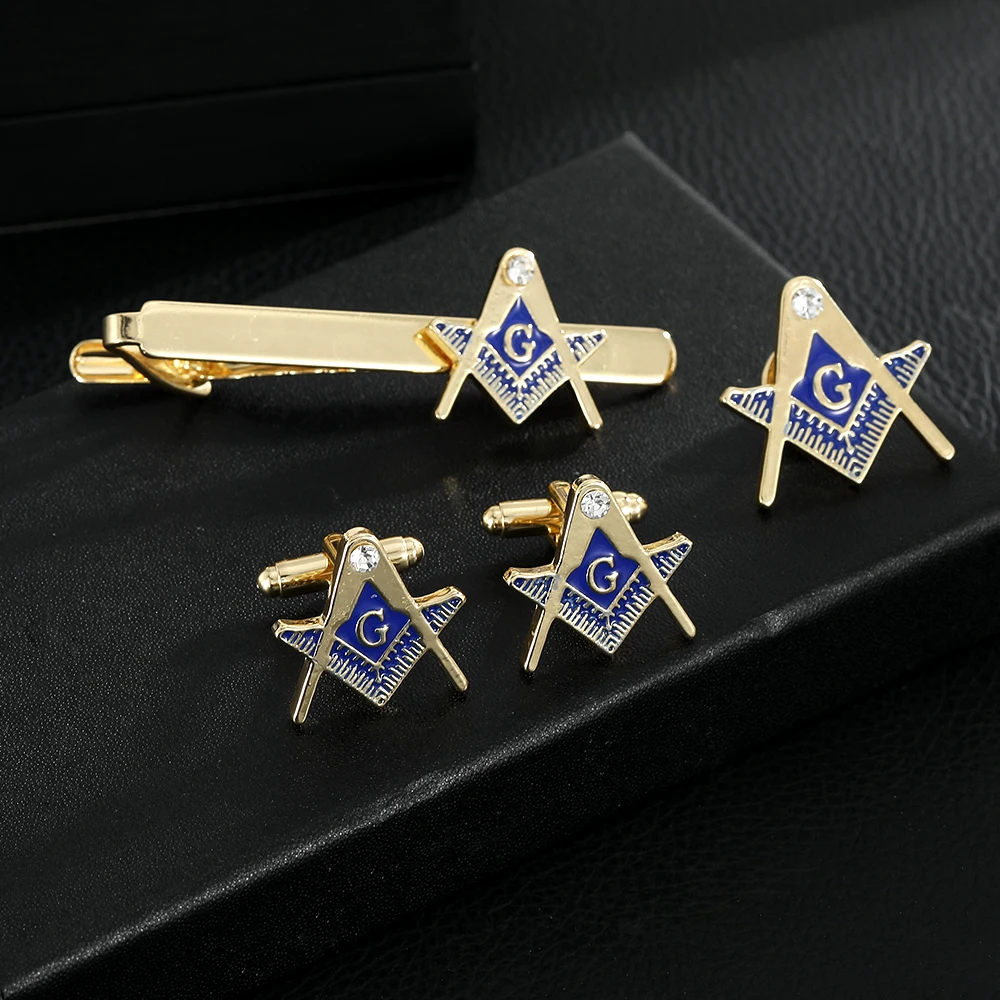 Funny Blue Freemason Emblem Crystal Cufflinks Pins Tie Clip Set Masonic Symbols Gold Mens Sleeve Button