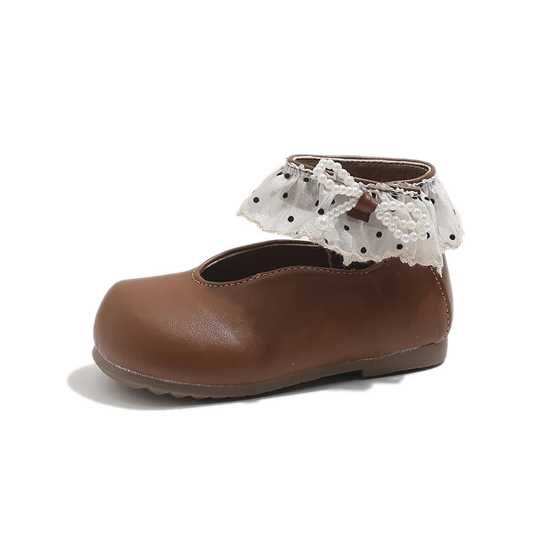

Spring Summer Girls High-top Leather Shoes Little Princess Lace Wooden Ear Flared Pearl Shoes