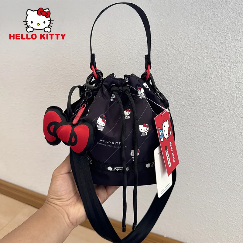 Sanrio Hello Kitty Fashionable Cartoon Print Draw Rope Bucket Bag Handheld Single Shoulder Crossbody Bag Kawaii Gift For Girls