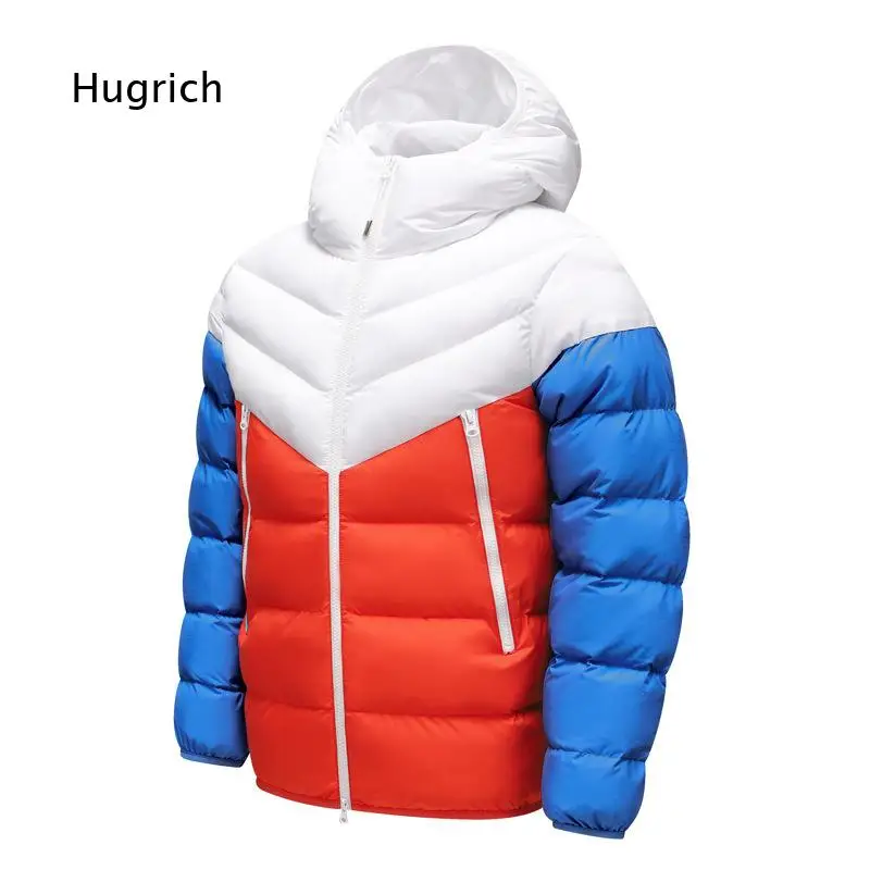 Male Black White Contrast Hooded Puffer Coat Full Zip Chevron Quilt Padding Zipper Pockets Loose Fit Cold Weather Outer Jacket