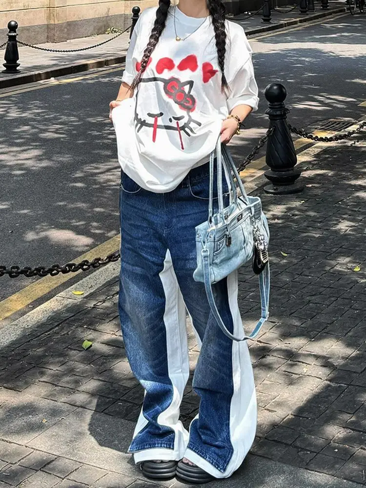 여성 빈티지 Y2k 배기 진 2025 가을 화이트 블루 패치워크 하라주쿠 데님 바지 일본 2000년대 그런지 청바지 의류