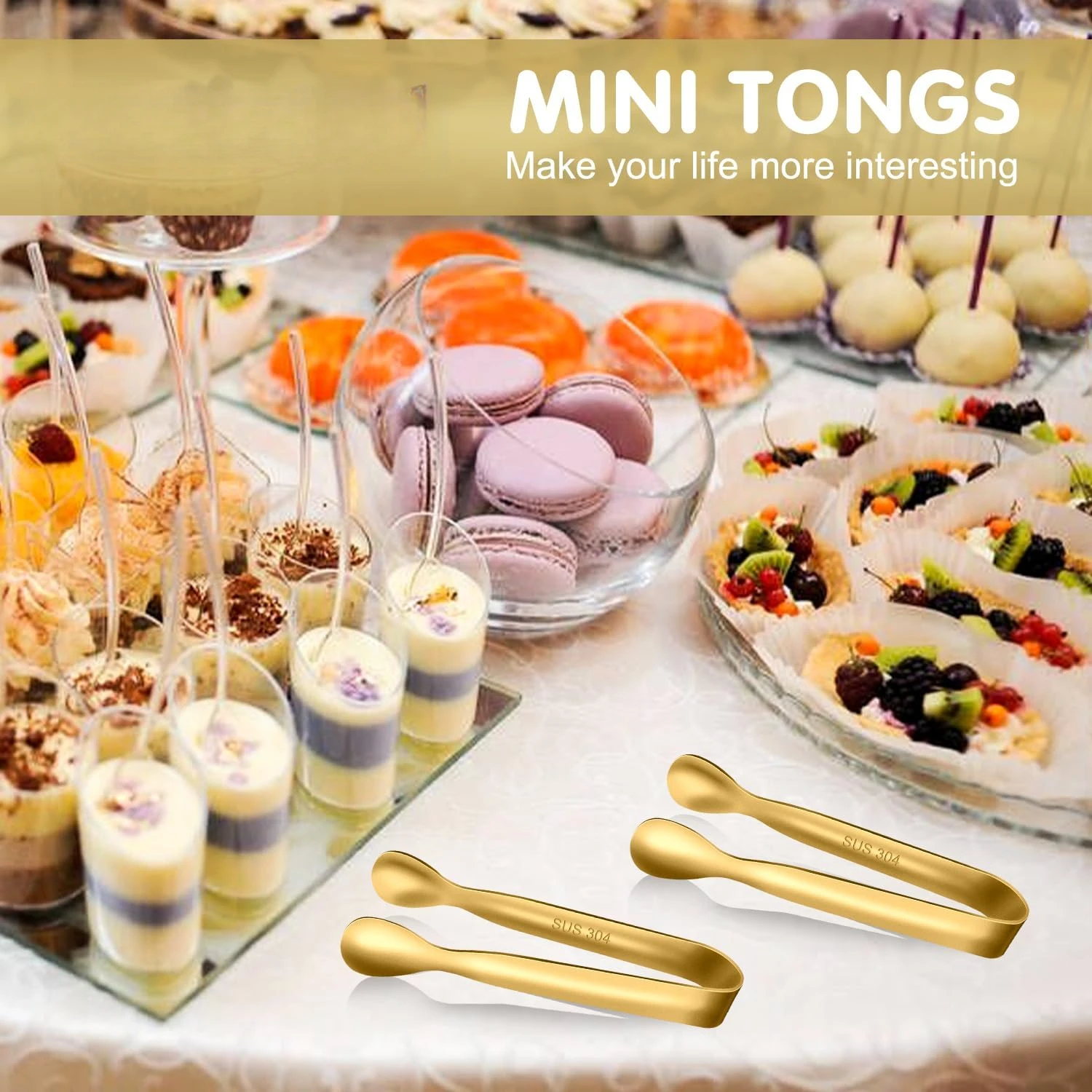 Small Gold Tongs For Serving,Food Grade Stainless Steel 4" Mini Tongs Appetizers for Parties Catering, Sugar, Ice, Desserts,Tea view 2