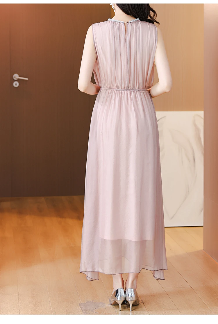 2024 Summer New Silk Sleeveless Dress Women\'s Satin Solid Color Paste Diamond Mulberry Silk Waist and Knee length Long Dress