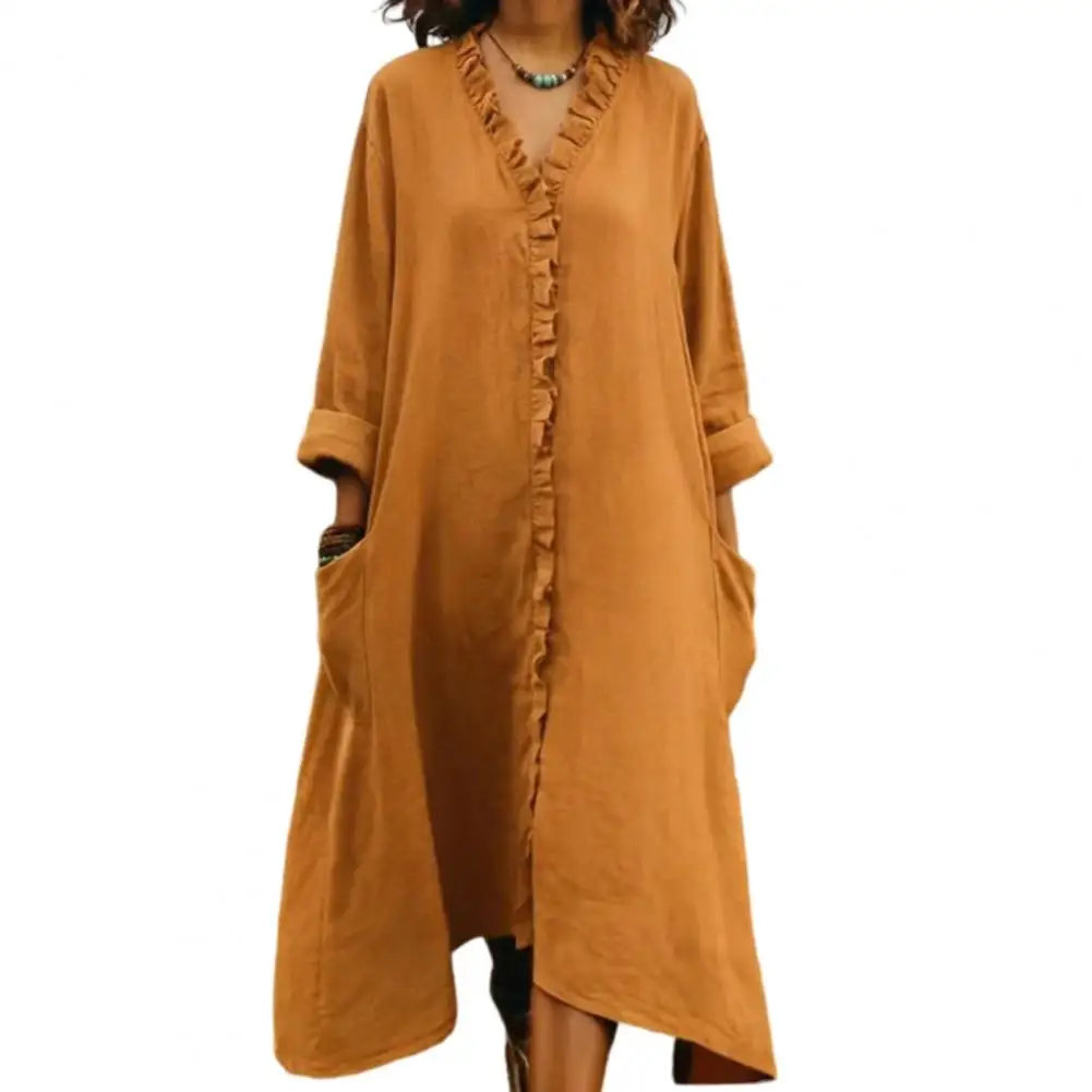 

Women's Ruffle Trim V Neck Dress Summer Casual Loose Long Sleeve Maxi Dress Flowy Boho Beach Sundress with Pockets