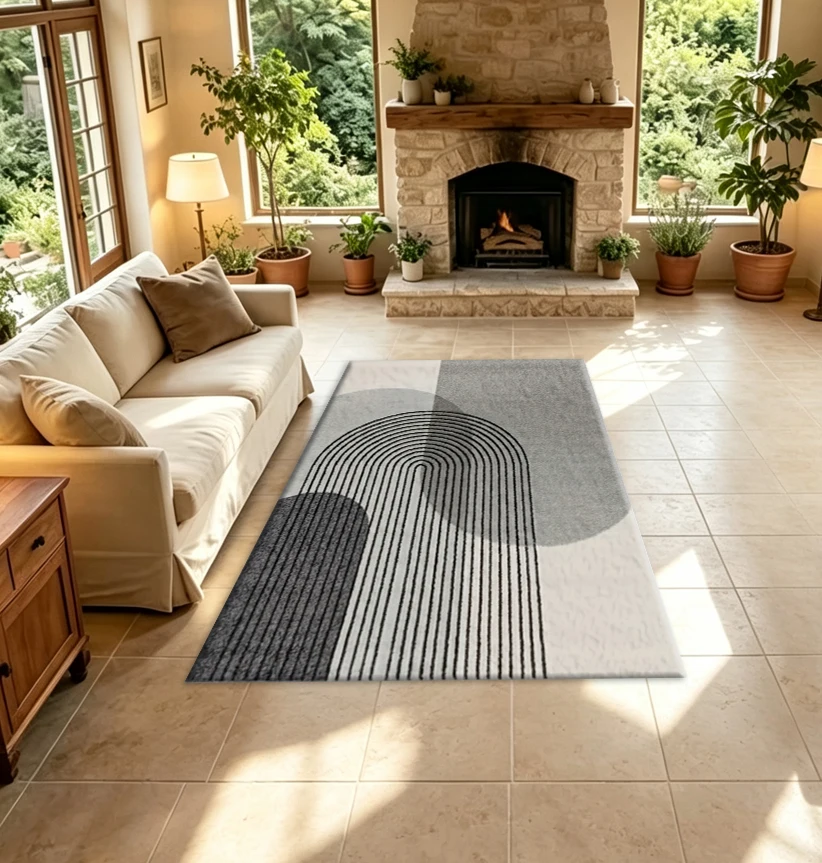 Modern Abstract Arch Geometric Carpet Rug Gray Black Cream Mid-Century Curved Line Household Area Rug For Living Room Bedroom