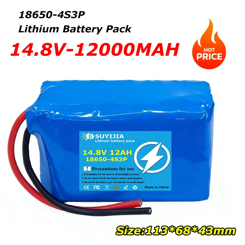 4S3P 14.8V 12000mAh Lithium Battery Pack 12AH 18650 with 20A BMS for Electric Boat Surfboard Motorcycle Engine Starting Battery