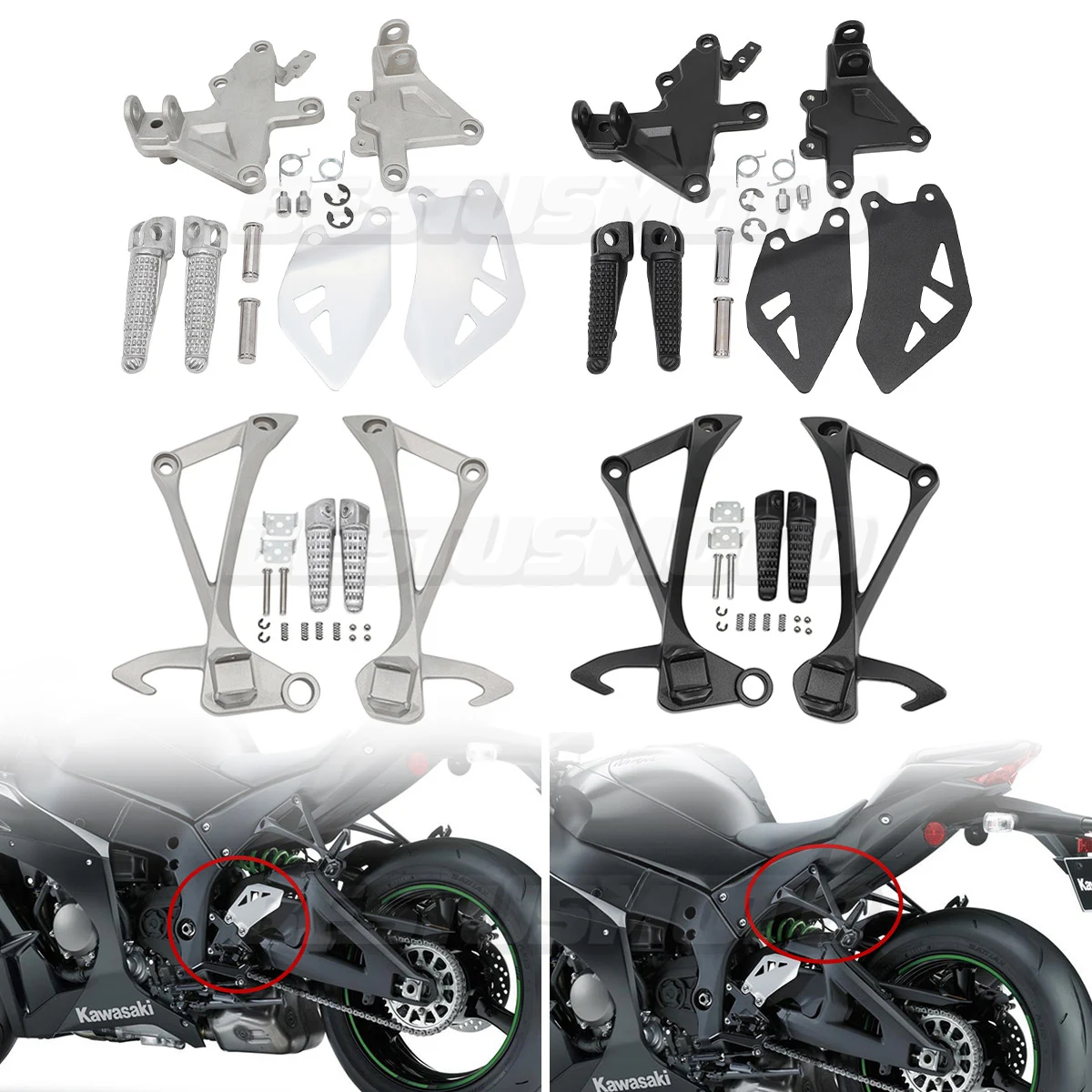 Motorcycle Front & Rear Footrests Foot Pegs Bracket For Kawasaki Ninja ZX-10R ZX10R 2011-2023 2022 2021 2020 2019 2018 2017 2016