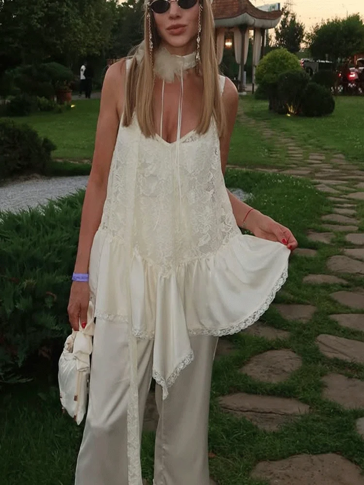 

Tsiisd Sexy Lace See-Through Camisole Top Tanks Female Backless Solid Ruffled See-Through Hollow Out Y2k Top Women Vest Tank Top