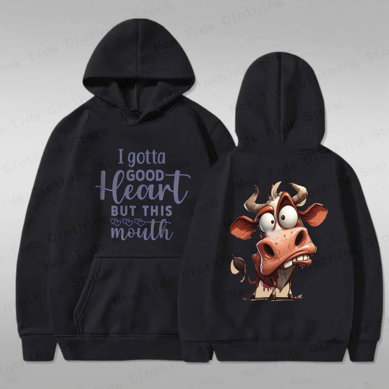 سترة بغطاء للرأس قطنية للخريف والشتاء للرجال مع شعار "أنا أن أكون قلبًا جيدًا ولكن هذا الفم" ورسومات بقرة مسلية للارتداء العصري #2