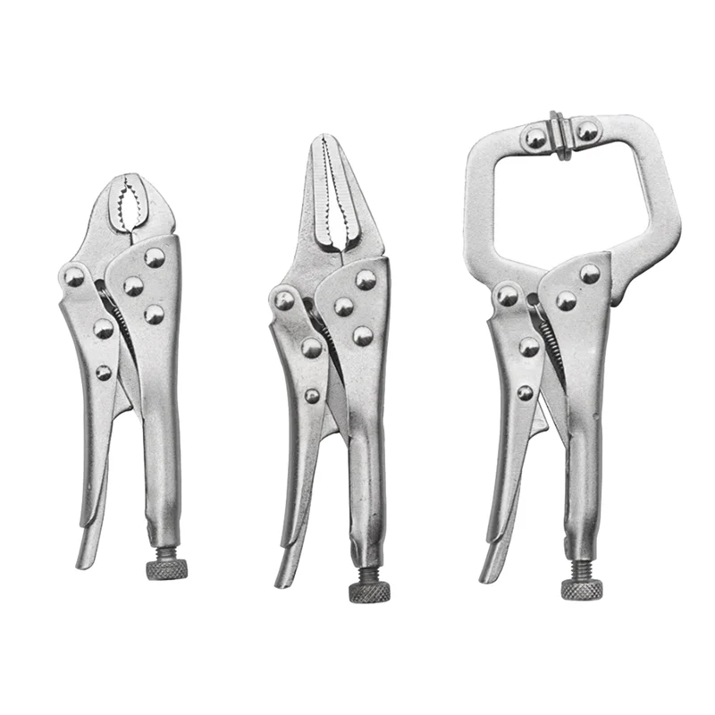 3Pcs Mini Locking Pliers Set 4in Curved Jaw and 5in Long Nose and 5 in Grip Tool Assorted Locking Welding Grip Tool