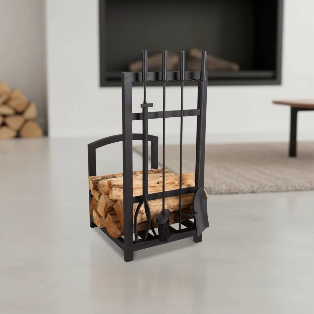 

5-Piece Fireplace Tool Set with Log Rack - Mission Style, Matte Black for Home Hearth & Fire Pit
