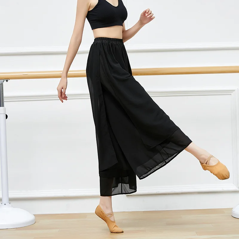 

Одежда для современных танцев, женские тренировочные брюки, двухслойные шифоновые широкие брюки с разрезом в китайском стиле