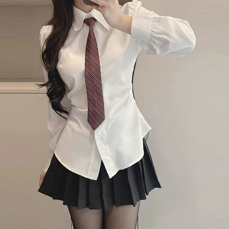 JK Uniform Two Piece Set for Women Sexy Sweet Lace Up with Tie White Long Sleeve Shirt Female High Waist Sexy Pleated Mini Skirt