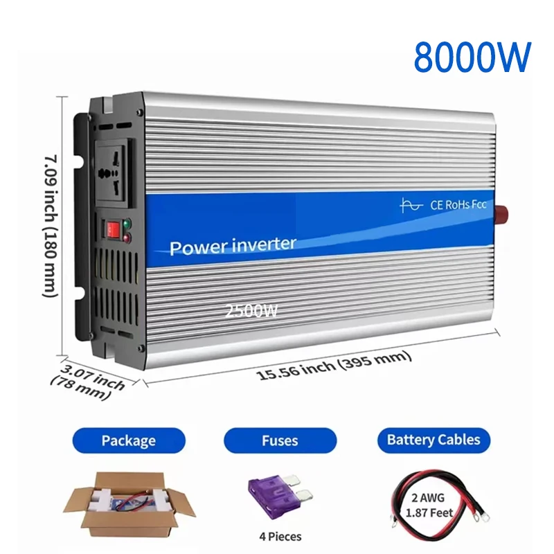 Inverter Pure Sine Wave DC12V/24V To AC 220V Voltage 7000W/8000W 50/60HZ Power Converter Solar Car Transformer With LED Display