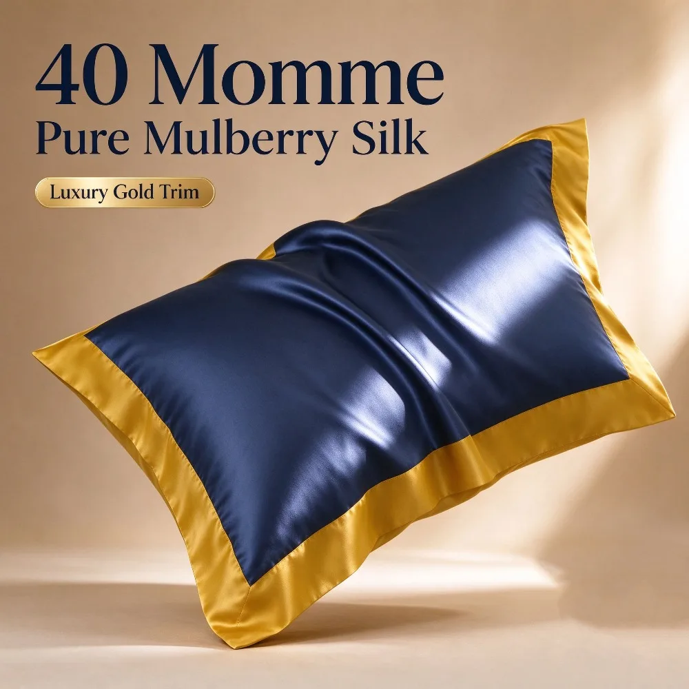 40 Momme Mulberry Silk Pillowcase for Hair and Skin Silk Front Polyester Back Pillow Cover Soft Breathable Queen Size Gift Box