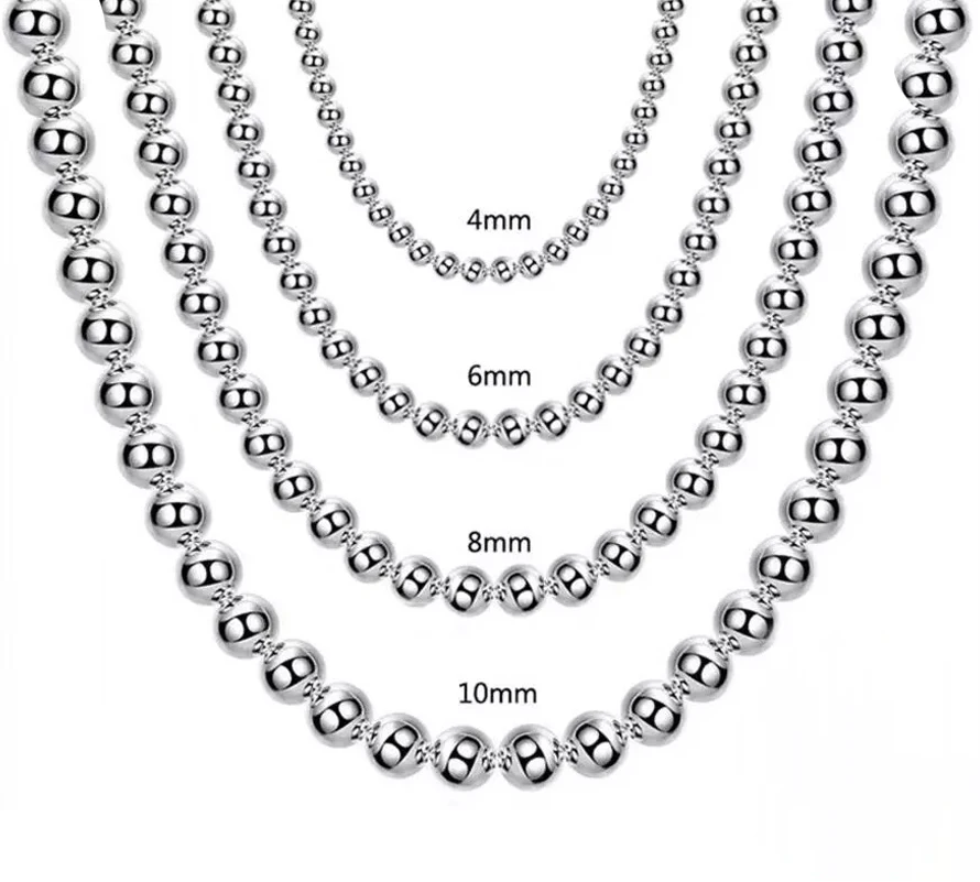 925 Sterling Silver 4MM/6MM/8MM/10MM Gładkie koraliki Łańcuch kulkowy Naszyjnik dla kobiet Mężczyźni Biżuteria modowa