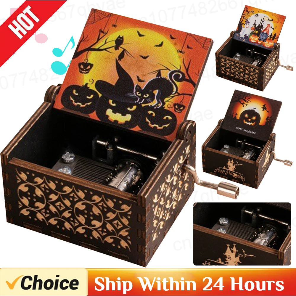 Halloween Music Box Wooden Antique Carved Hand Cranked Classic Theme Music for Birthday Gifts Family Decoration