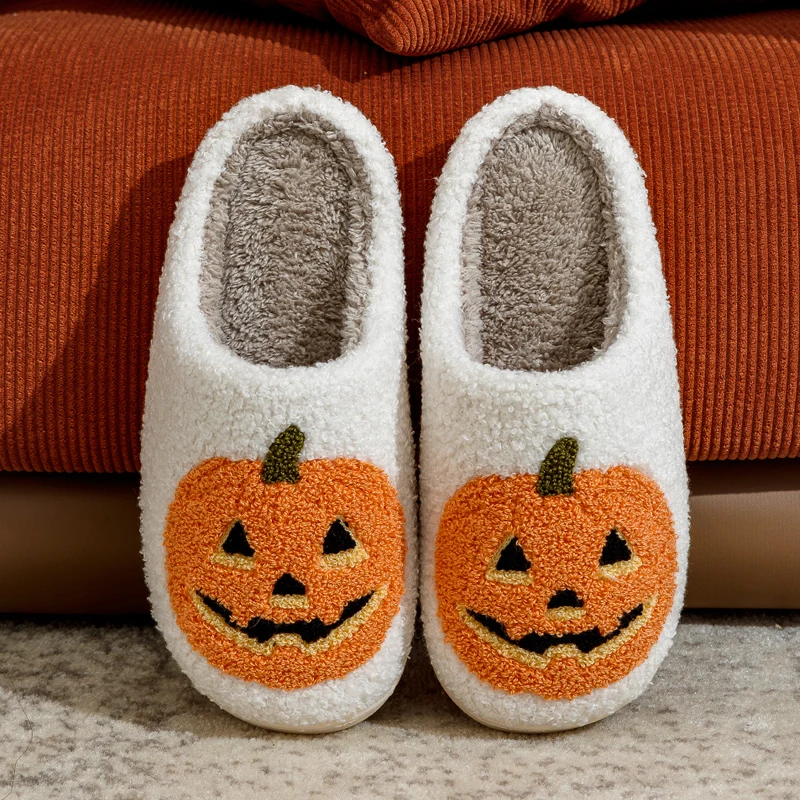 Women\'s Slippers Winter Halloween Funny Smile Pumpkin Indoor Cute Cartoon Slipper Bedroom Anti-slip Soft Causal Plush Shoes Gift