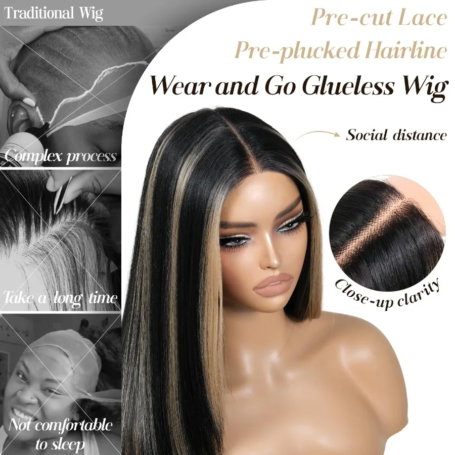 ارتداء والذهاب شعر مستعار أسود بدون صمغ مع الانفجارات الاصطناعية الدانتيل الجبهة تسليط الضوء على الباروكات للنساء قبل قطعها قبل قطع الطبقات الأسود و ث