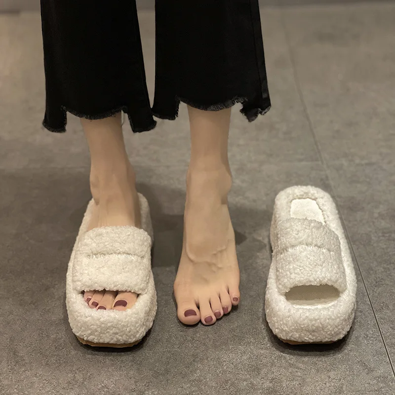 Thick Fluffy Fur Slippers 2023 New Women Winter House Warm Furry Slippers Women Flip Flops Home Slides Flat Indoor Floor Shoes