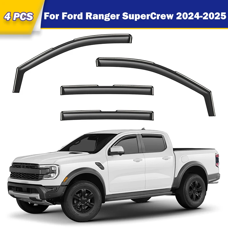 

4Pcs Car Wind Deflectors Front Rear Window Visors Rain Guard for Ford Ranger SuperCrew 2024-2025 Rain Shield Sunshade Protection