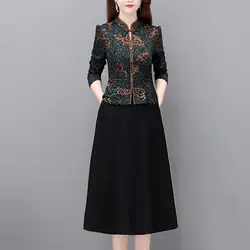 Large Size Chinese Style Dress Autumn New Style Mother's Dress Western-style Age Reducing Waist Cinching Covering Two Pieces