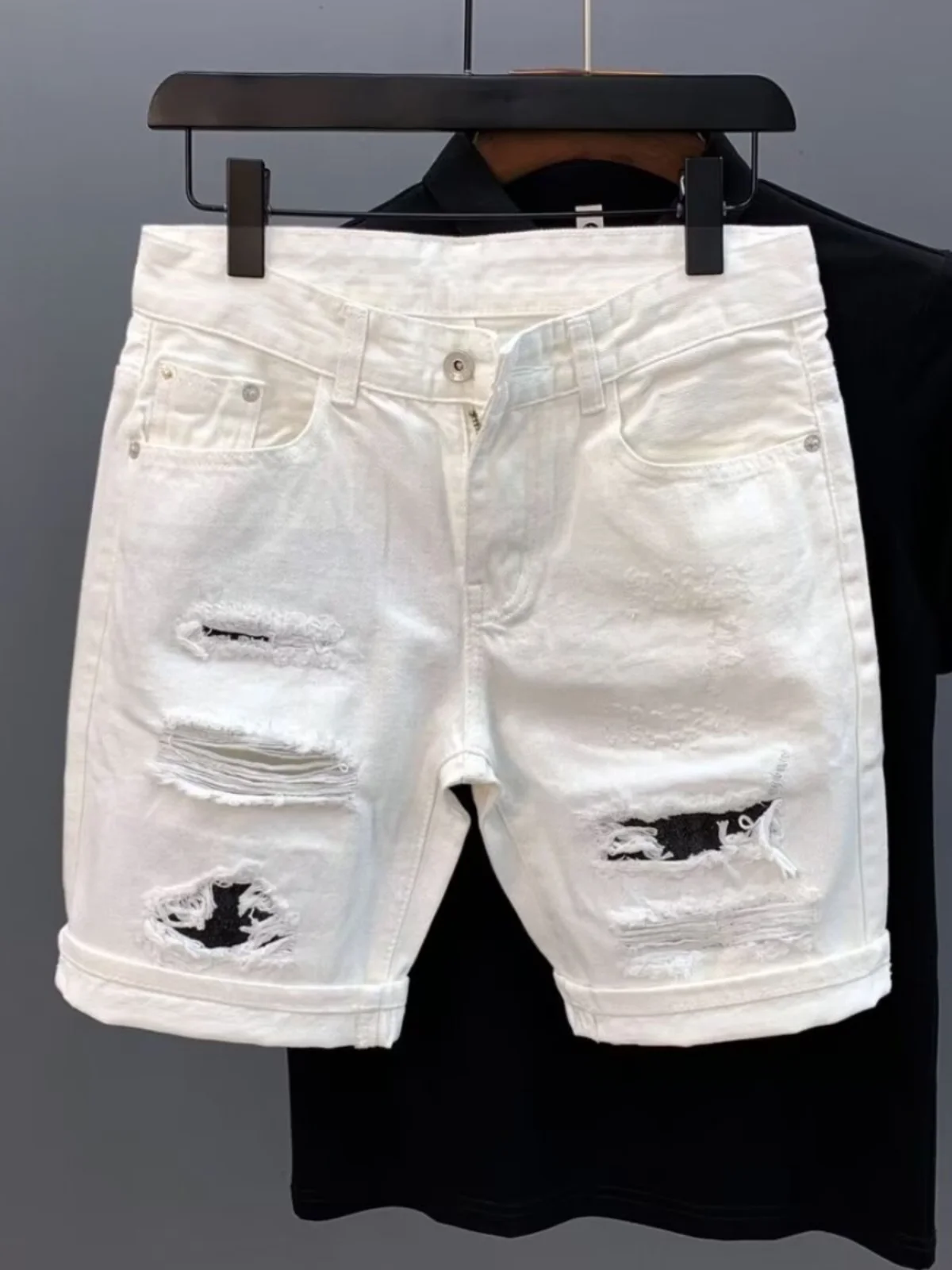 

Trendy Men's Ripped Denim Shorts White Five-Pointed Patch Summer Thin Straight Leg Casual Loose Fit Jeans Brand Other Mid-Waist