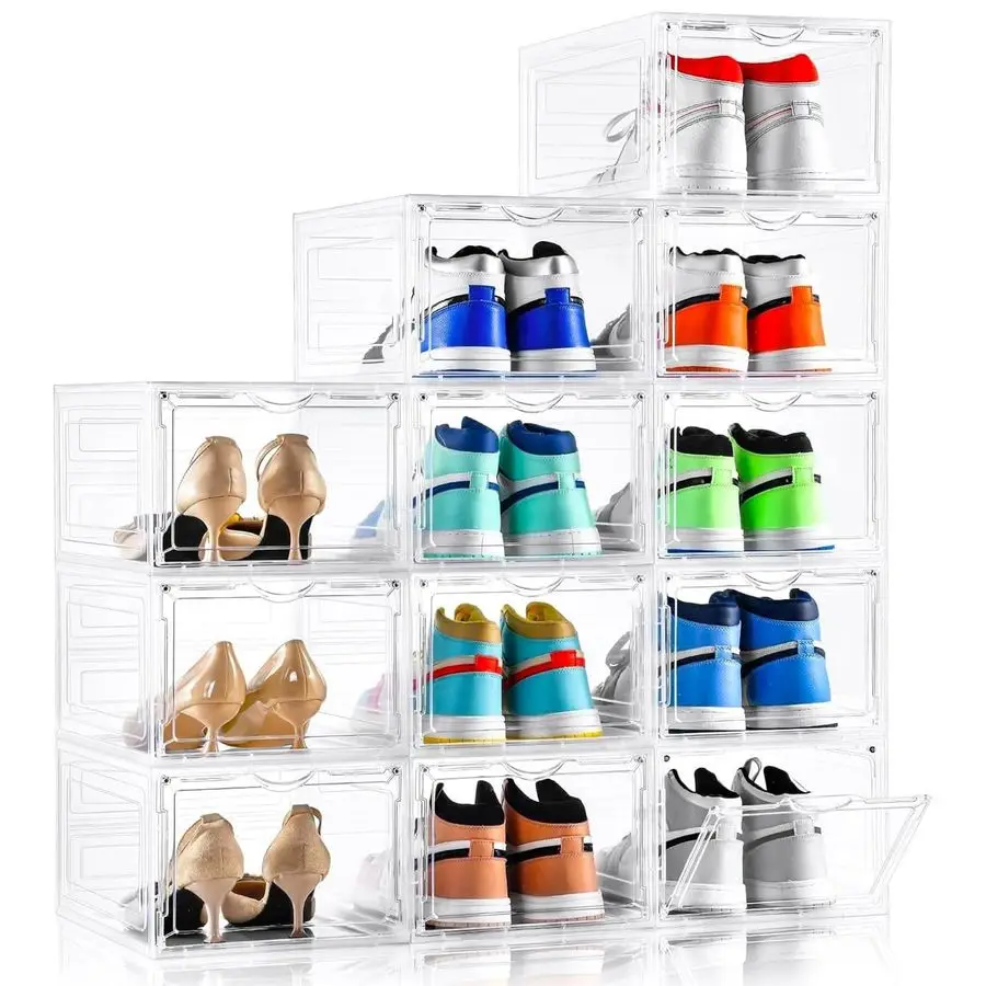 

Upgraded XLarge Shoe Organizer,Shoe Storage Organizer,12 Pack,Shoe Box Clear Plastic Stackable,Drop Front Shoe Box Customizable