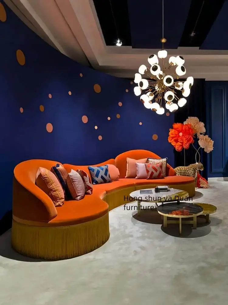 

Italian light luxury fabric curved sofa French simple modern villa living room combination special-shaped fabric orange sofa