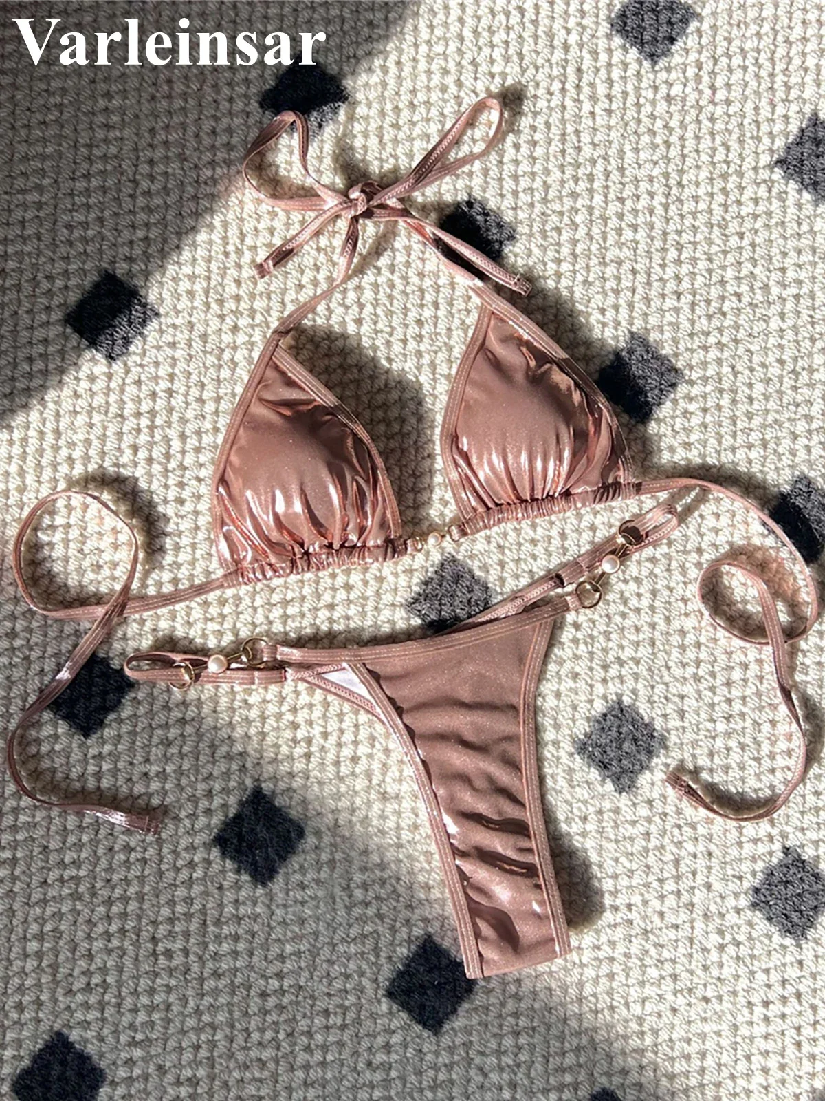 Nowy sztuczna skóra Halter Mini stringi Bikini damski strój kąpielowy kobiet stroje kąpielowe dwuczęściowy zestaw Bikini kąpiący się kostium