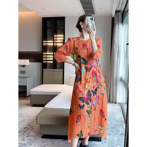 Miyake Long Dress Pleated Evening Dresses Printed Female Summer Pleated Joker Fashion Light Luxury Elegant Ladies Style Dress