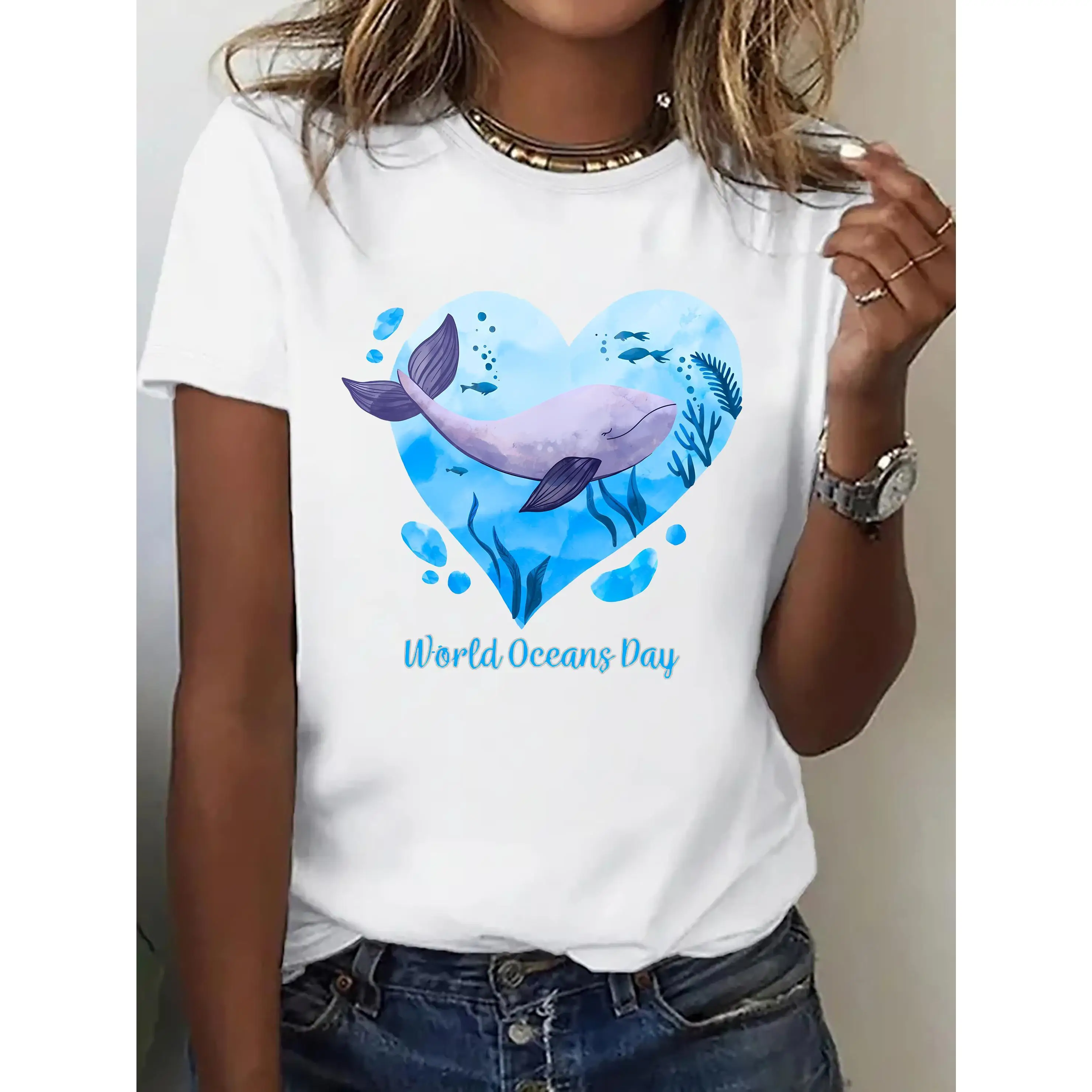 

World Oceans Day Heart Dolphin Print Women's T-shirt - Fashionable Casual Sports Style, Suitable For All Seasons, Crew Neck Desi