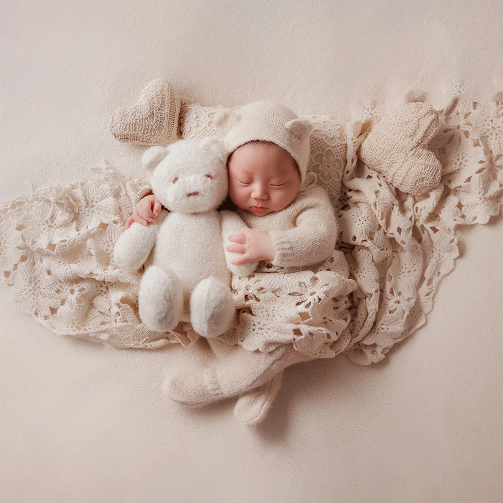 Baby Photography Costume Knitted Long-Sleeved Jumpsuit+Bear Ear Hat Teddy Bear Doll Photo Props Lace Pillow Shooting Accessories