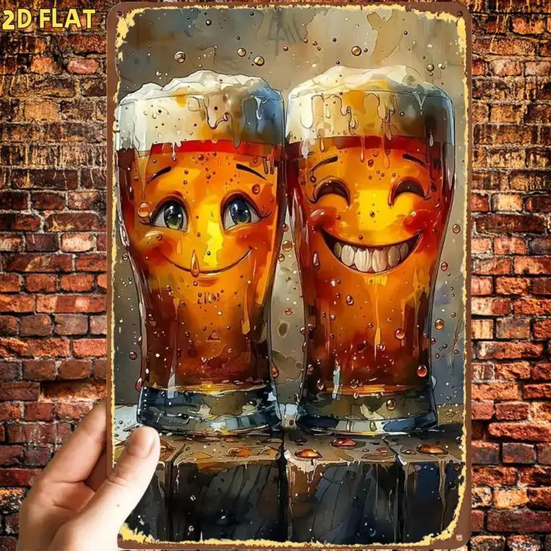Fun and Joyful Beer Mug Art Print Metal Sign，Pre-drilled holes，Suitable for indoor use、Garden、Outdoor、Family