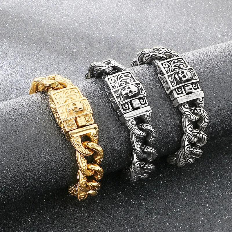 

Браслет KALEN с подвеской в виде черепа в стиле панк, мужской, 21,5 см, из нержавеющей стали, на кубинской цепочке, мужские украшения, массивные винтажные аксессуары